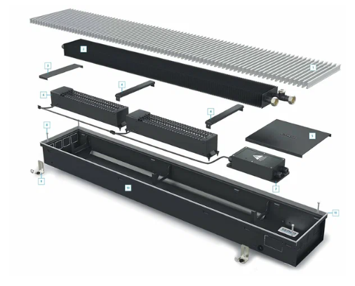 Встраиваемый в пол конвектор Varmann Qtherm Q 230.75.1800 RR U EV1, шириной 230 мм, высотой 75 мм, длиной 1800 мм, решетка роликовая из алюминия, анодированная в натуральный алюминий, декоративная рамка из U-образного профиля, вентиляторы с EC-двигателями