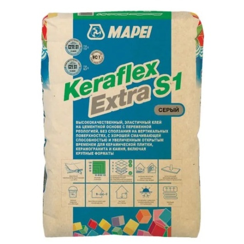 KERAFLEX EXTRA S1, ТМ MAPEI, цвет серый, (25кг), (Россия), Смесь сухая клеевая на цементном вяжущем класс С2ТES1 / C2ES1 (02001)