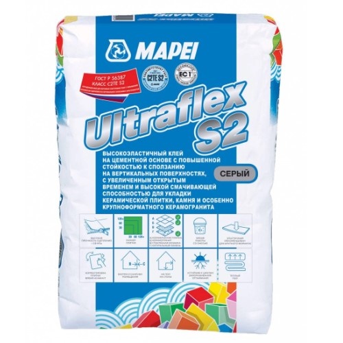 ULTRAFLEX S2, ТМ MAPEI, цвет серый, (25кг), (Россия), Смесь сухая клеевая на цементном вяжущем класс С2ТES2 (02020)