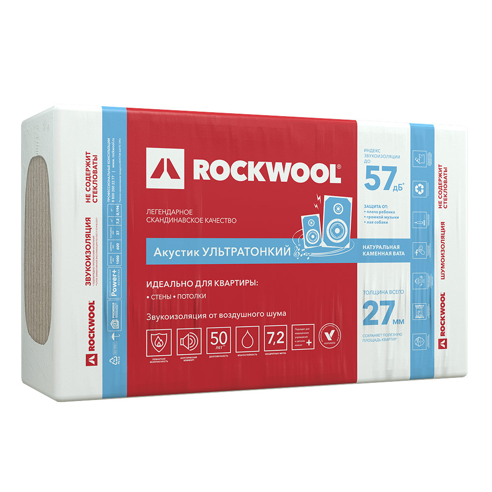 Шумоизоляция Rockwool Акустик Баттс ПРО Ультратонкий 27х600х1000 мм 7,2 кв.м (01453)
