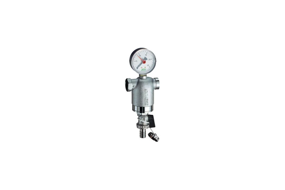Фильтр 1/2" ВР-ВР, с манометром, 300мкм, Max: 95 °C, 25 бар