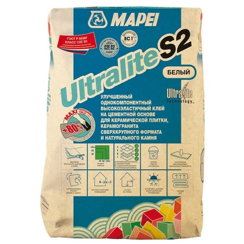 ULTRALITE S2, ТМ MAPEI, цвет белый, (15кг), (Россия), Смесь сухая клеевая на цементном вяжущем класс С2ES2 (02004)