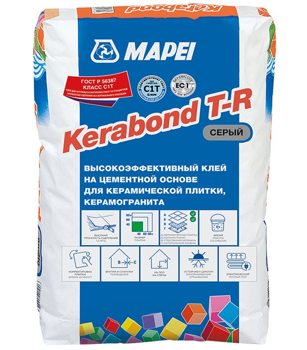 Клей для плитки, керамогранита и мозаики Mapei Kerabond T-R серый (класс С1) 25 кг (01382)