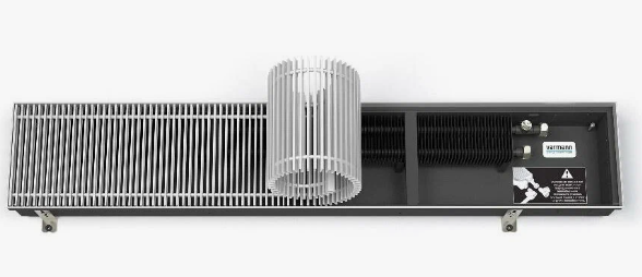 Встраиваемый в пол конвектор Varmann Qtherm Q 230.75.1800 RR U RAL9005 L, шириной 230 мм, высотой 75 мм, длиной 1800 мм, решетка роликовая из алюминия, окрашенная в цвет по RAL9005, декоративная рамка из U-образного профиля, подключение слева, вентиляторы