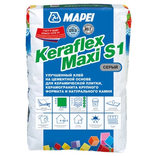 KERAFLEX MAXI S1, ТМ MAPEI, цвет серый, (25кг), (Россия), Смесь сухая клеевая на цементном вяжущем класс С2ТES1 (02008)