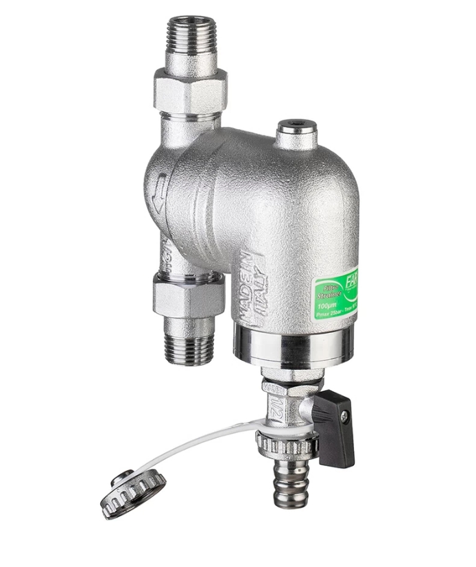 Фильтр 100мкм, под манометр,  Max: 95 °C, 25 бар. Поворотное соединение 1/2" НР