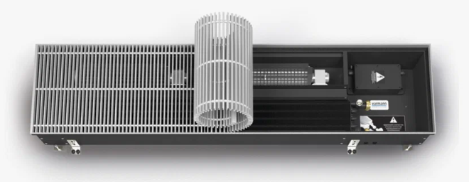 Встраиваемый в пол конвектор Varmann Qtherm Q 230.75.1800 RR U EV1, шириной 230 мм, высотой 75 мм, длиной 1800 мм, решетка роликовая из алюминия, анодированная в натуральный алюминий, декоративная рамка из U-образного профиля, вентиляторы с EC-двигателями