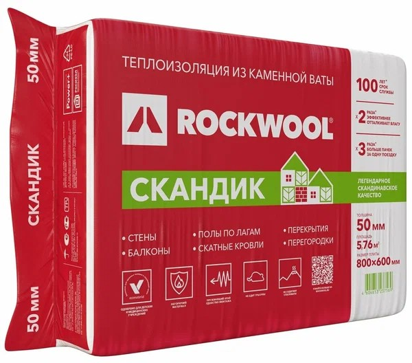 Теплоизоляционная плита Rockwool ЛАЙТ БАТТС СКАНДИК 50x600x800 50 мм 12 плит/уп