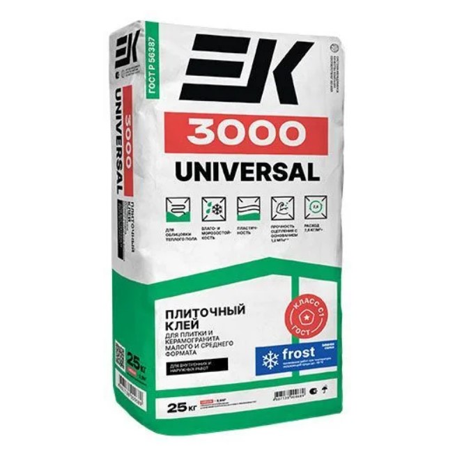 Клей для плитки и керамогранита ЕК 3000, UNIVERSAL, 25 кг (03577)