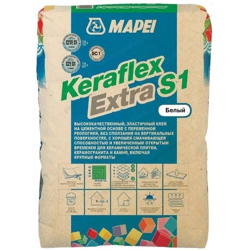 KERAFLEX EXTRA S1, ТМ MAPEI, цвет белый, (25кг), (Россия), Смесь сухая клеевая на цементном вяжущем класс С2ТES1 / C2ES1 (02002)