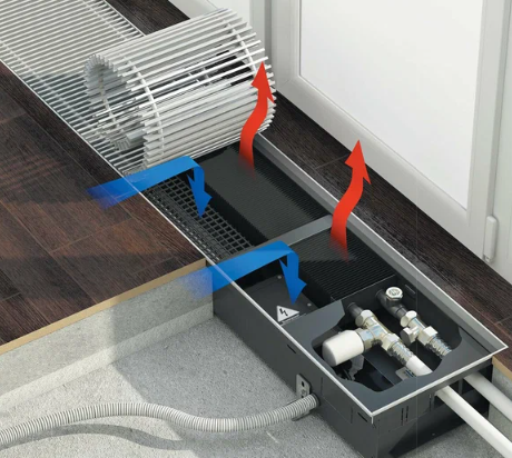 Встраиваемый в пол конвектор Varmann Qtherm Q 230.75.3100 RR U RAL9005, шириной 230 мм, высотой 75 мм, длиной 3100 мм, 2 конвектора с длинами 1 x 1500 мм, 1 x 1600 мм соединяются фланцем в единый корпус, решетка роликовая из алюминия, окрашенная в цвет по