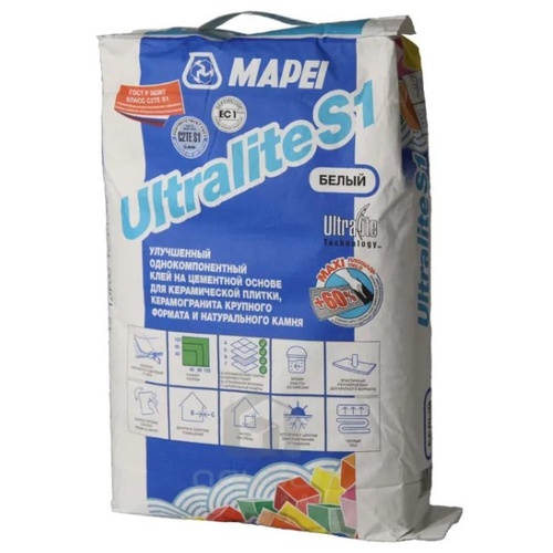 ULTRALITE S1, ТМ MAPEI, цвет белый, (15кг), (Россия), Смесь сухая клеевая на цементном вяжущем класс С2ТES1 (02017)