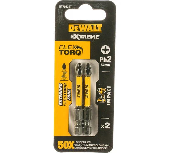 Бита для заворачивания ударная DeWALT РH2х57 мм (2шт) IMPACT TORSION DT70532T-QZ