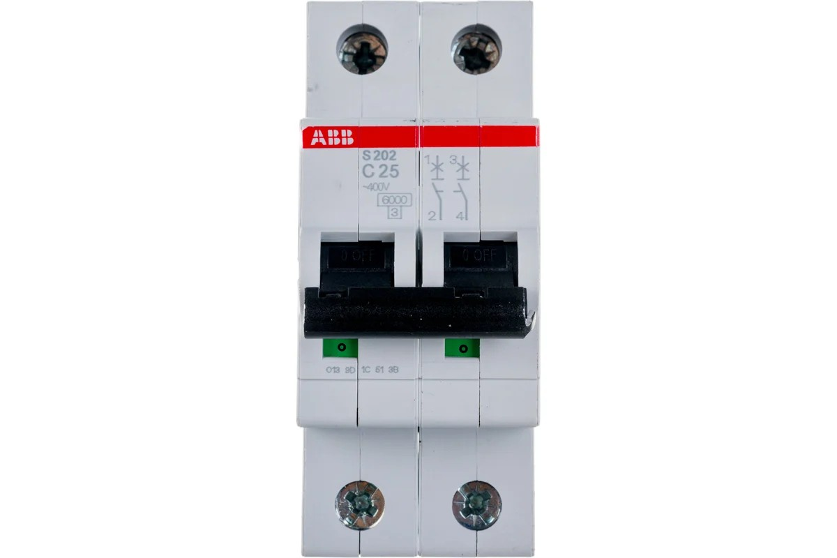 Автоматический выключатель модульный ABB S202 2P 25А тип C 6 кА 400 В