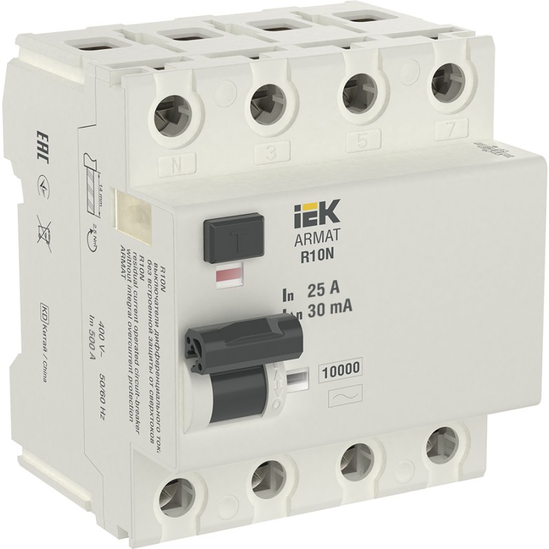 Выключатель дифф.тока (УЗО) 4П 25А 30мА типАC "IEK" ARMATAR-R10N-4-040C030