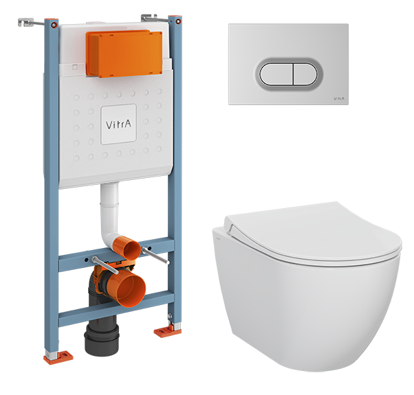 Комплект: Безободковый подвесной унитаз VitrA Mia Round + тонкое дюропластовое сиденье микролифт, кнопка мат. хром